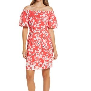 Eliza J Off The Shoulder Shift Dress In Coral White Floral Women's Size 10 NWT